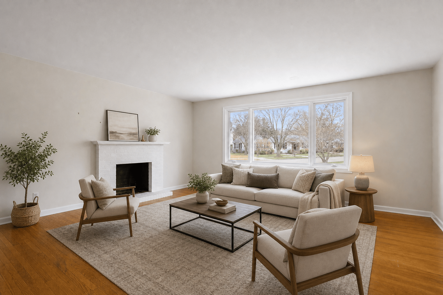Virtually staged living room prepared for a real estate listing