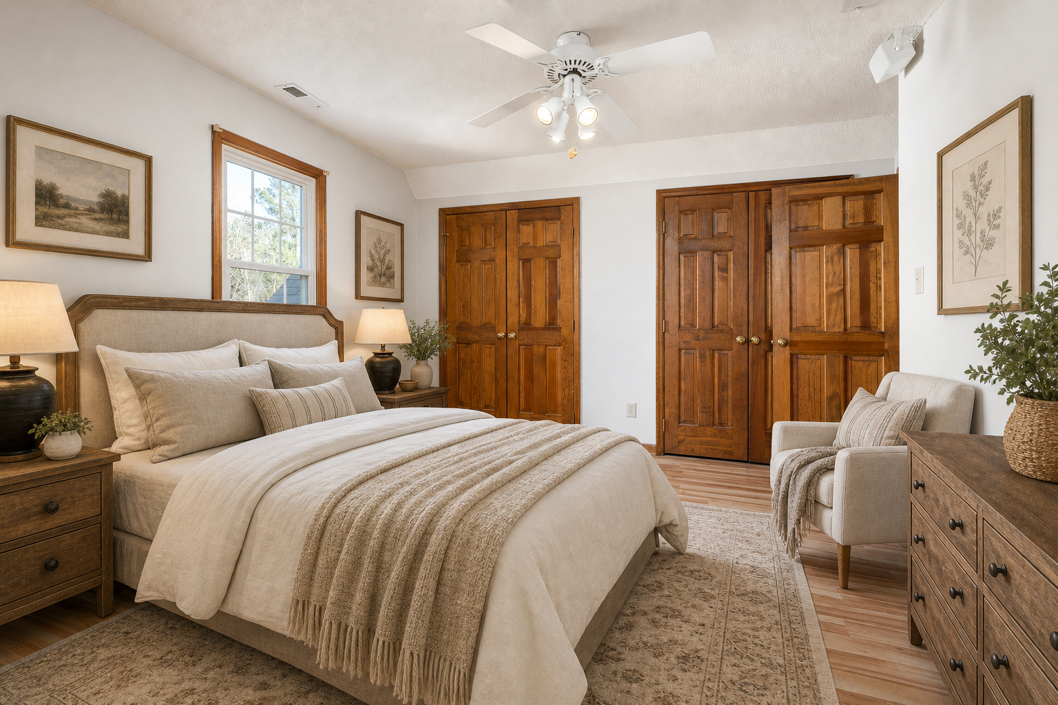 Primary bedroom after staging